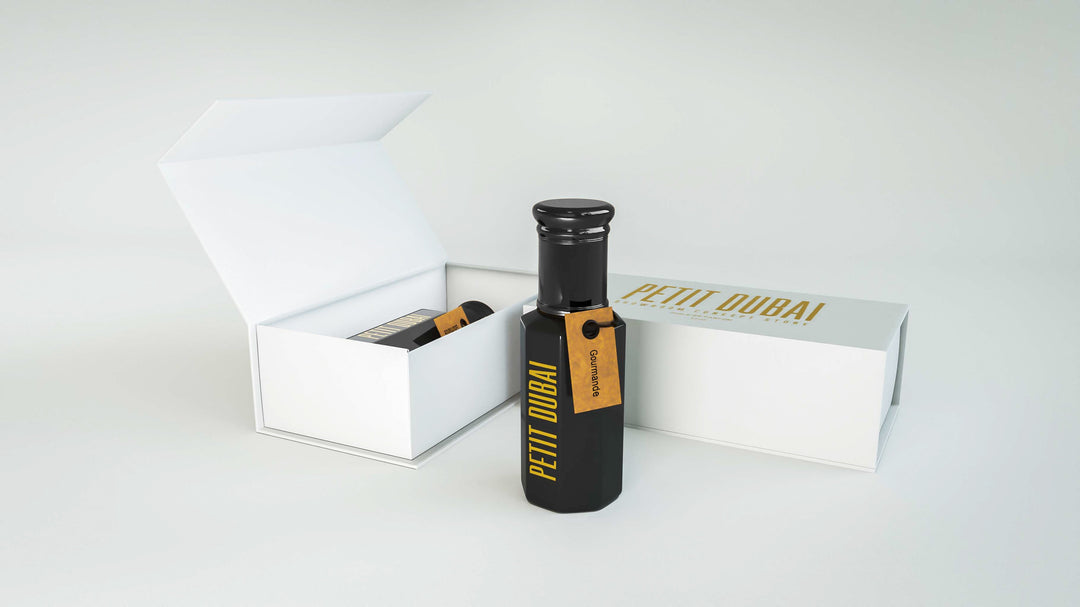 Bouteille d´huile de musc gourmande 10ml avec sa boite
