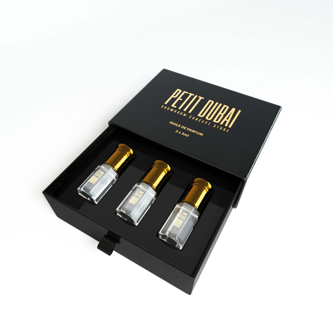 Boite Pack 3 huiles de musc 3ml vue de coté 